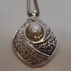 Silvertone, CZ, Goldtone & Faux Pearl Pendant Necklace on Adj 20" Chain